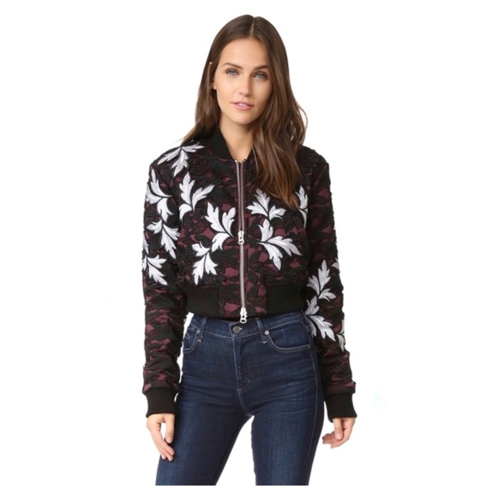 Self-Portrait Black Bomber Jacket with White Floral Embroidery and Burgundy Trim - Picture 2 of 12